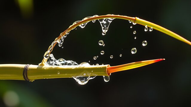 flinging. A flexible bamboo branch recoiling, flinging water droplets into the air. gardening catalogs, home-decor guides, designed for home decor and floral branding, used by procurement managers.