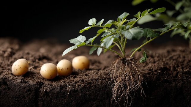 Healthy potato plant with roots beside fresh tubers on rich soil.