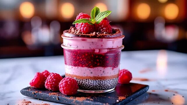 Layered dessert in glass jar with raspberry, chocolate, and chia seed layers, garnished with fresh raspberries and mint leaves on a black slate plate against a blurred restaurant background
