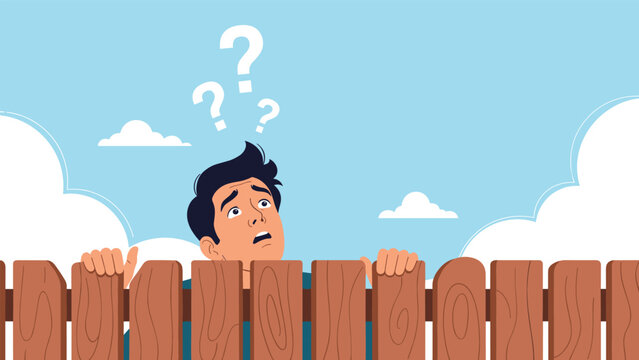 Confused man peeking over the top of a wooden fence with several question marks above his head while looking for answers or information.