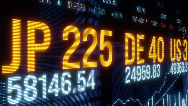Device screen with global stock market index data, financial market information. Bar graph, rising chart and market prices, trading board, investment strategy, equity, risk management, information.