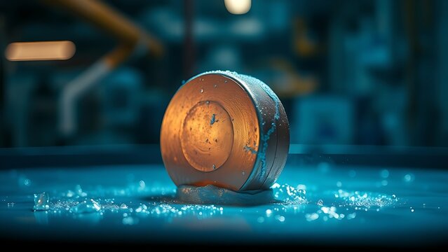 electrolytic. A copper part emerging from a blue electrolytic bath in an industrial setting. safety posters, maintenance manuals, designed for precision metalworking and fabrication facilities.