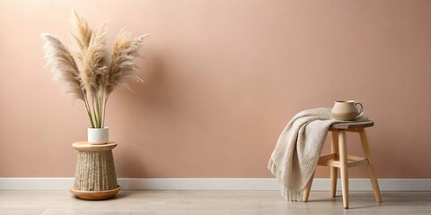 Obraz premium Serene interior scene featuring pampas grass in a minimalist pot on a woven pedestal, accompanied by a cozy throw draped over a simple wooden stool with a delicate pitcher