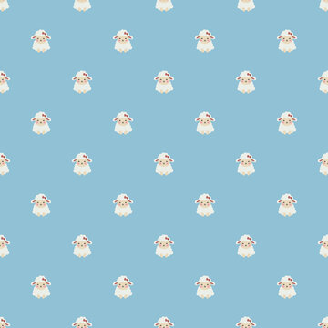 Sweet cartoon style repeating pattern with cute lambs and pink bows for nursery textiles