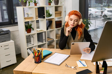 Obraz premium Dynamic young woman with red hair immersed in work at a bright modern office