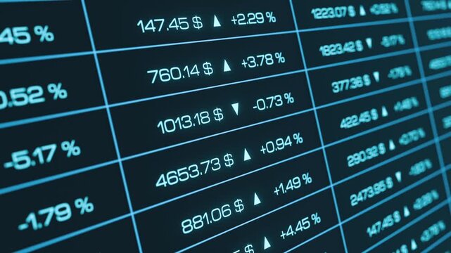 Close-up blue spreadsheet,  with stock market data, financial figures, prices moving up and down, trading. Investment prices, percentage changes, calculation, analyzing, market research.