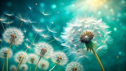 Obraz premium Dandelion Seeds Blowing on Turquoise Green Background, Macro Nature Beauty 