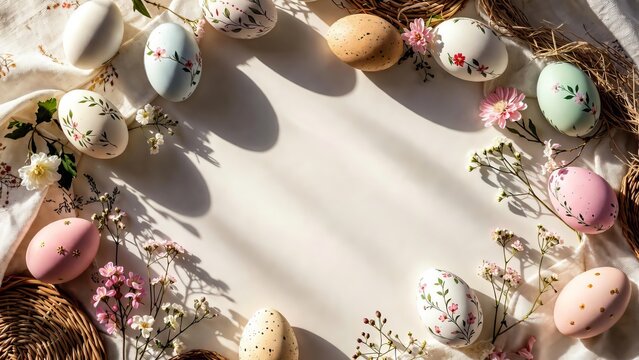 Flat lay frame of pastel Easter eggs and delicate spring flowers with soft shadows, minimal holiday composition with copy space.