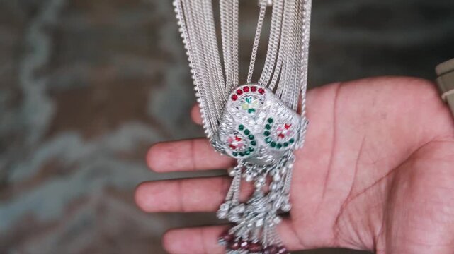 Close-up of Traditional Indian Silver Waist Belt (Kandora) with Meenakari Work