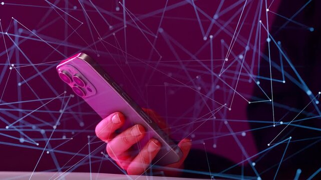 Hand holding a smartphone with digital lines and connections in a purple background at night.