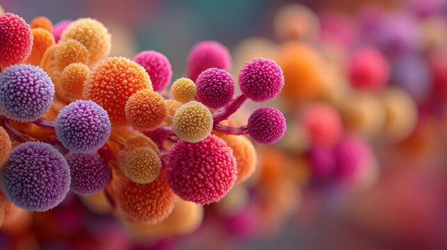 Cluster of colorful spores with fine surface textures and detailed protrusions reveals microscopic fungal and pollen structures for scientific visualization. Supports microbiology, and mycology