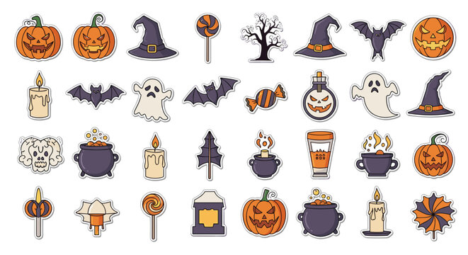Extensive collection of Halloween stickers including carved pumpkins, spooky ghosts, flying bats, witch hats, magic potions, and sweet treats.