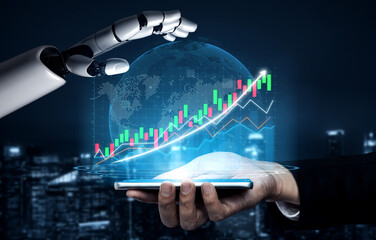 A futuristic representation of advanced robotics interacting with data analysis, showcasing a hand...