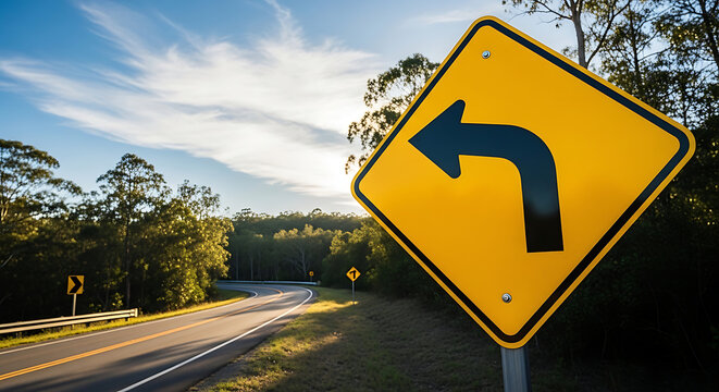 Prominent yellow warning sign indicating a sharp left turn on a winding road through a lush forest at sunset
