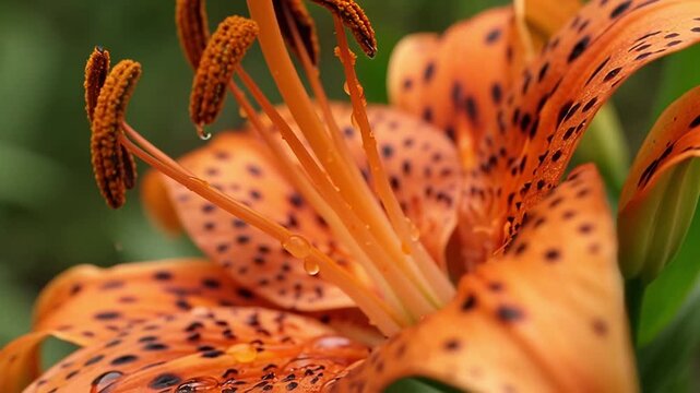 Closeup of a vibrant orange tiger lily with delicate raindrops on its petals and stamens.