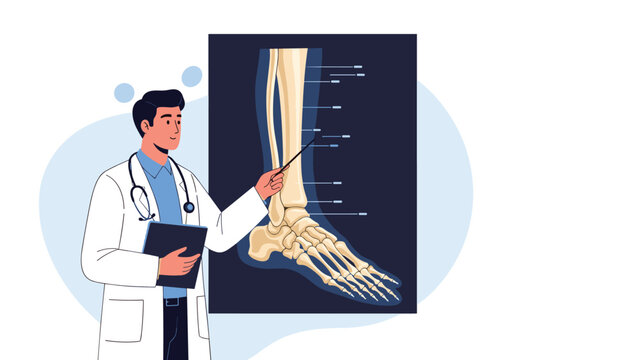 Male doctor in a white lab coat using a pointer to explain the bone structure on a large medical X-ray of a human leg and foot to a patient.