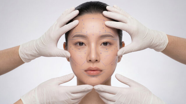 Facial Plastic Surgery Planning on Asian Woman Face with Medical Marking Lines and Doctor Hands