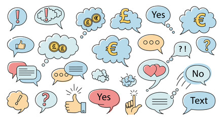 Obraz premium Diverse collection of colorful speech bubbles containing symbols like currency, hearts, checkmarks, and thumbs up for modern communication apps.