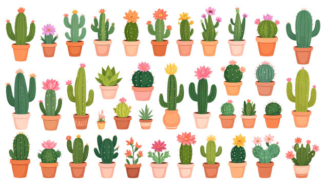 Set of green vector cactus illustrations in various shapes, some with flowers and pots, symbolizing desert, houseplant, and southwestern flora.
