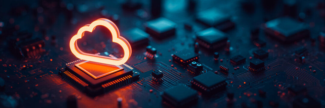 microchip with glowing cloud icon background