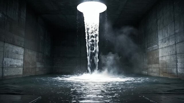 A concrete chamber with water pooling below a bright, circular light and falling water