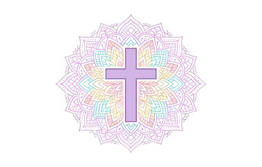 Obraz premium Intricate cross in pastel mandala design on white background