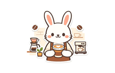 Obraz premium Cute cartoon rabbit barista holding coffee cup with latte art