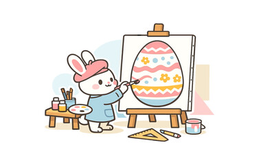 Obraz premium Cute cartoon bunny painting colorful easter egg on canvas