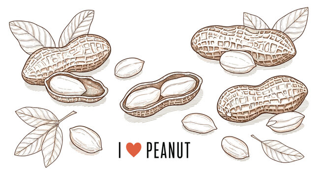 Classic vintage style illustrations of peanuts including whole pods, shelled kernels, and green leaves with the text I Love Peanut on white.