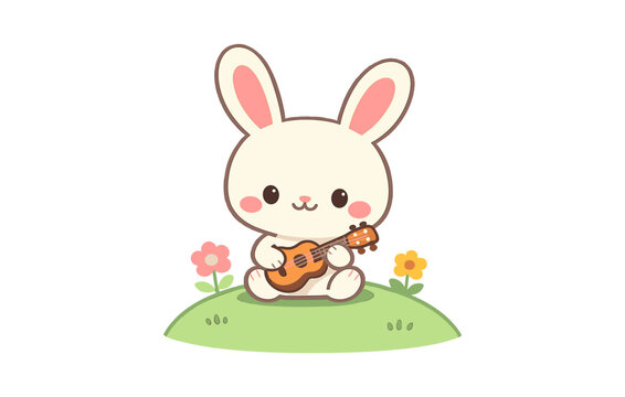 Cute cartoon bunny playing ukulele on grass with flowers