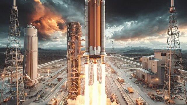 Space exploration commercial ventures. Space innovation. Orbital infrastructure. Aerospace economy. Heavy-lift rocket on launchpad amid industrial structures at dusk