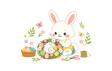 Fototapeta premium Cute bunny crafting easter wreath with eggs and flowers in spring scene