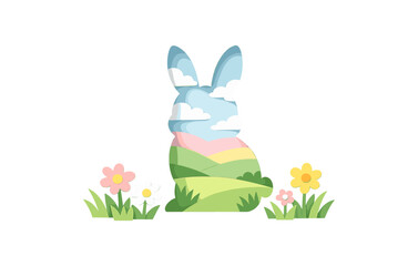 Obraz premium Easter bunny landscape silhouette with flowers and sky elements
