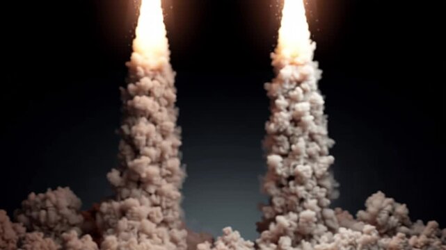 Space exploration commercial ventures. Space innovation. Orbital infrastructure. Aerospace economy. Two rockets launching simultaneously with smoke and fire plumes