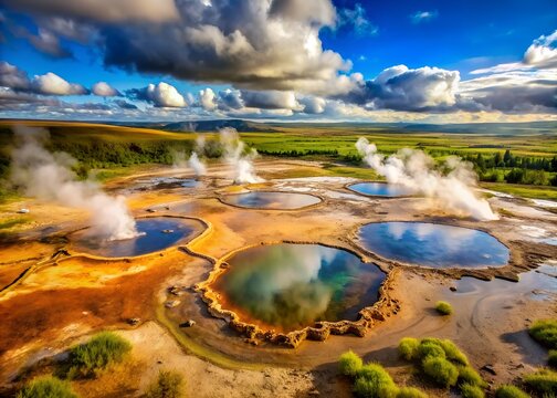Geothermal Wonders of Iceland: Steam Vents, Fumaroles, and Boiling Mud Pots in a Volcanic Landscape 