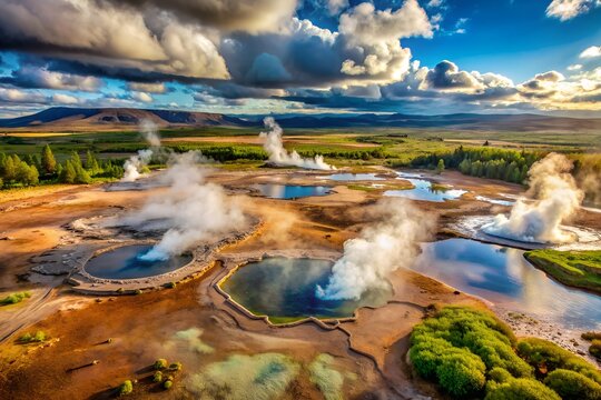 Iceland Geothermal Area with Steam Vents, Fumaroles, and Boiling Mud Pots 