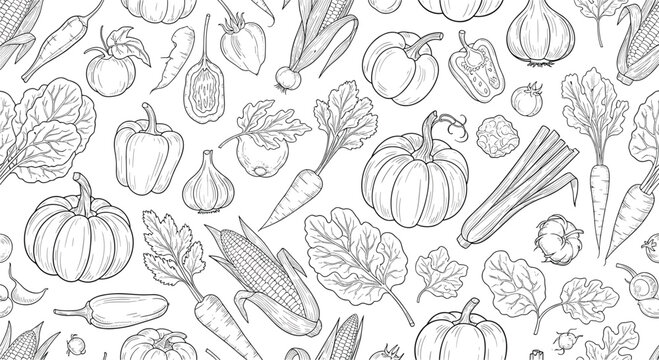 Detailed seamless pattern of black and white line art vegetables including pumpkins, corn, peppers, and leafy greens on a white background.