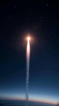 Space exploration commercial ventures. Space innovation. Orbital infrastructure. Aerospace economy. Rocket launching into space with bright flames and smoke plume below