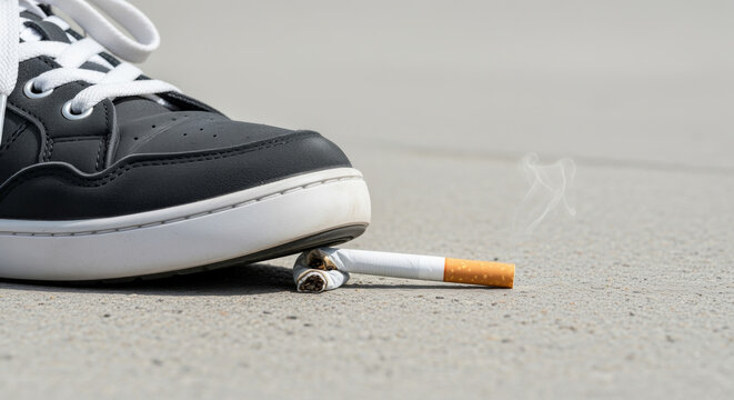 Black sneaker stepping on cigarette butt on pavement closeup for anti littering or smoking cessation poster background