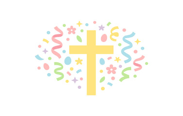 Obraz premium Colorful easter cross with pastel confetti and symbols celebration graphic