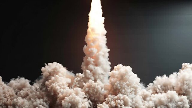 Space exploration commercial ventures. Space innovation. Orbital infrastructure. Aerospace economy. Rocket launching with bright flames and thick smoke clouds on dark background