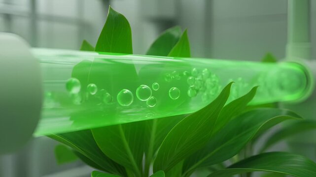 Close-Up of Green Plant Leaves With Bubbles Flowing Through a Transparent Tube in a Laboratory Setting