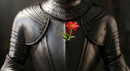 A close-up shot of a delicate red flower blooming through a crack in weathered steel plate armor. This concept represents the contrast between war and peace, strength and fragility.