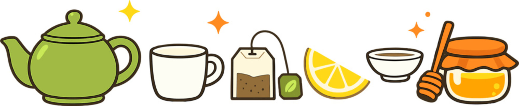 Colorful tea set with cup, teapot, lemon, tea bag, and honey in a cheerful cartoon style