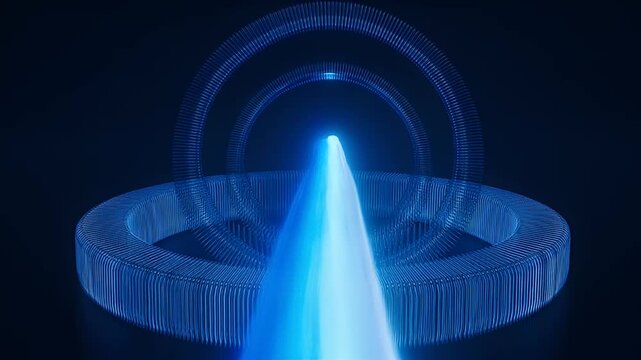 Abstract glowing blue light beam emerging from circular structures on a dark background
