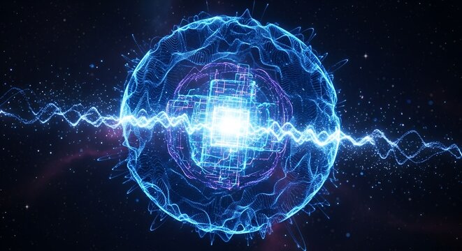 Abstract glowing energy sphere with electric wave, futuristic technology concept