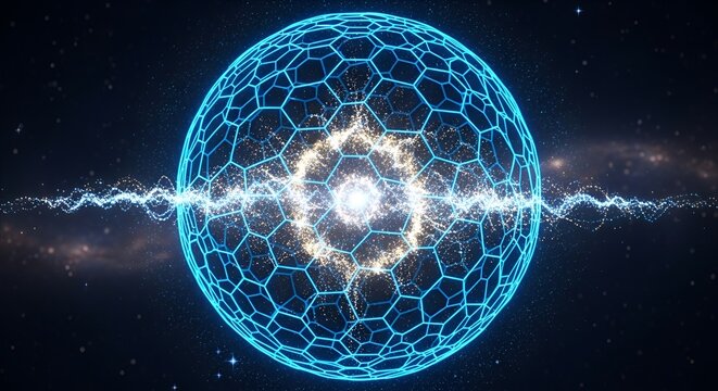 Abstract glowing energy sphere with hexagonal pattern and light waves in starry space