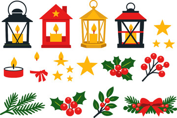Obraz premium Festive lanterns and holiday decorations: stars, berries, and evergreen branches