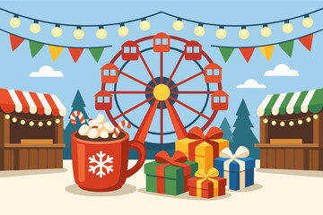 Obraz premium Festive winter market with ferris wheel and holiday decorations