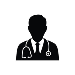Simple black silhouette of a doctor with a stethoscope around neck